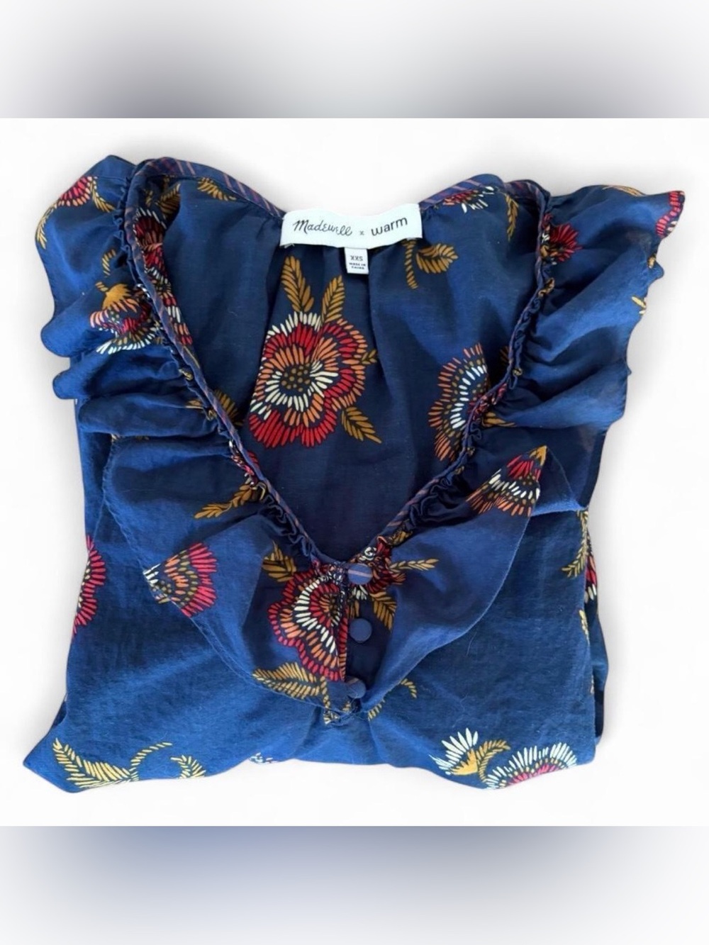 Madewell x warm XXS Floral Ruffle V-Neck Blouse in Navy Blue.